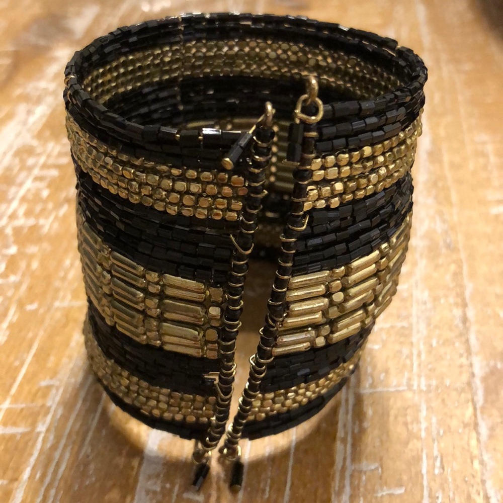 Black and Gold Beaded Cuff Bangle Bracelet